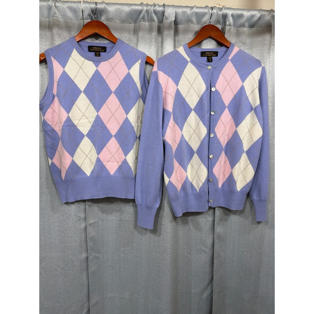 Ordos Womens 100% Pure Cashmere Argyle Twin Set Cardigan Vest Lavender Pink L